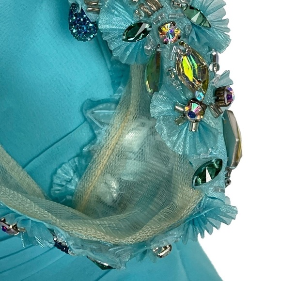 TONY BOWLS BEADED ONE SHOULDER HIGH SLIT CASCADE TRAIN PROM PAGEANT FORMAL GOWN - Picture 11 of 16